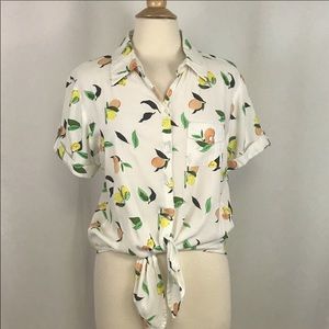 Japna White Fruit Print Button Up Top With Tie